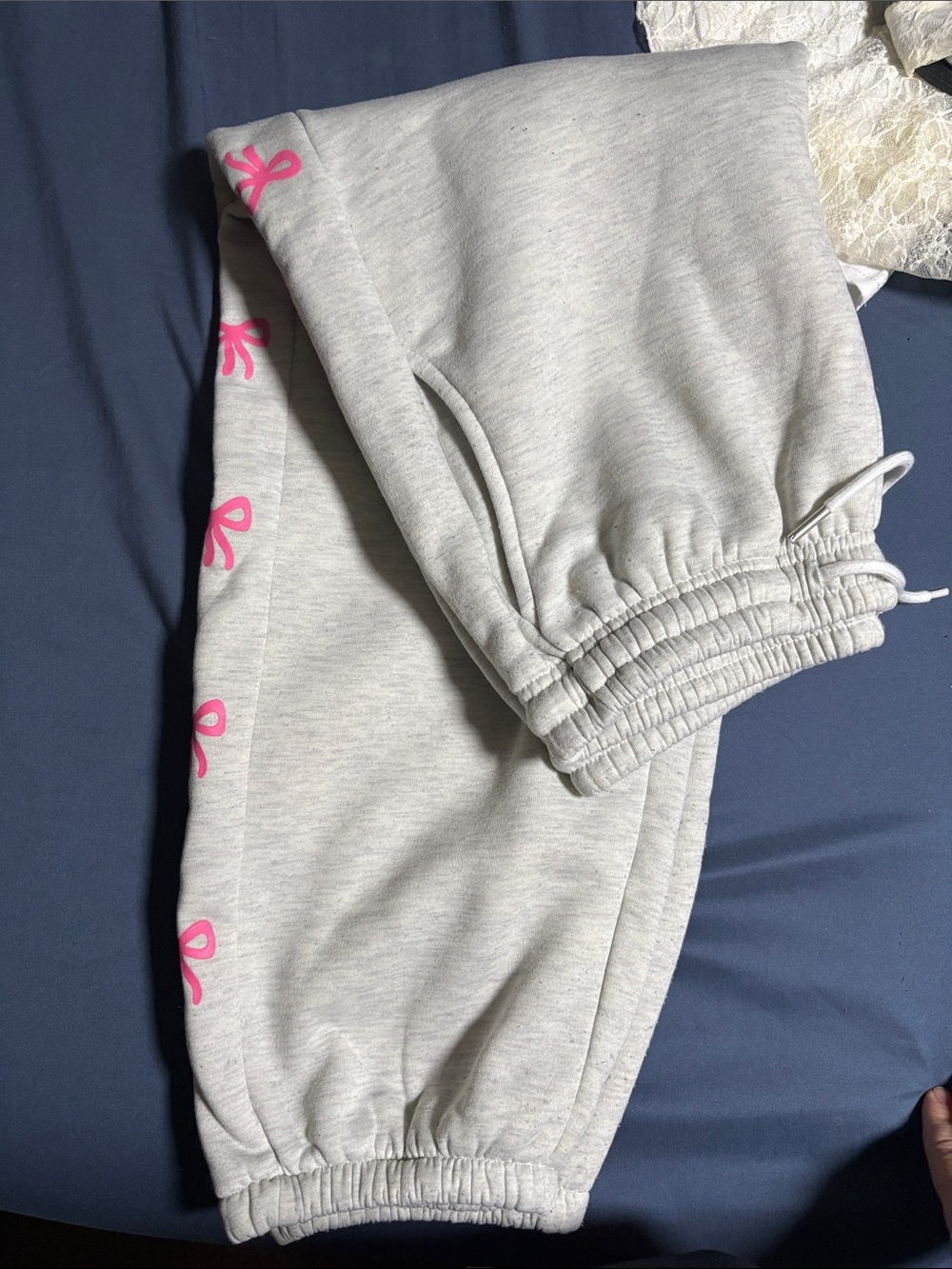 Light Gray Sweatpants with Pink Ribbon Accent